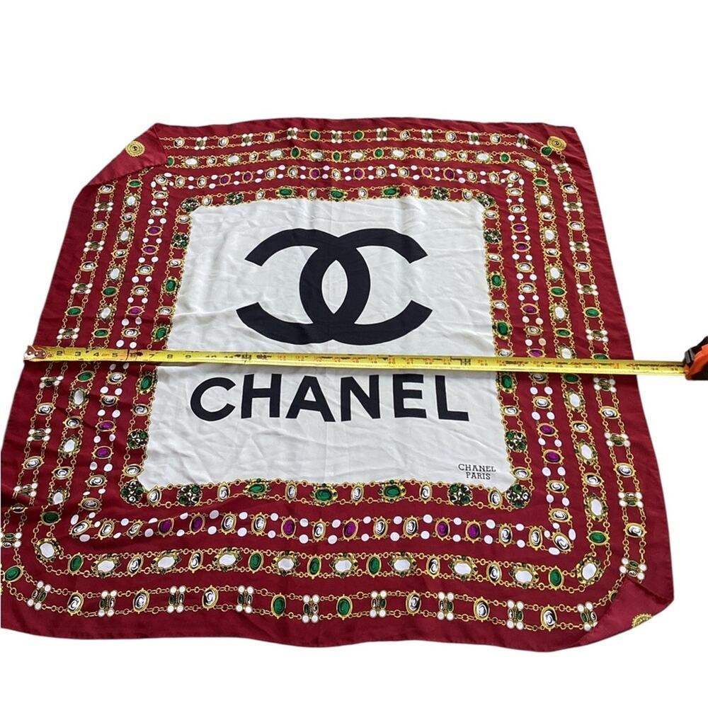 Vintage Chanel Red Gold Chain Silk Hand Rolled Large Square Scarf - Picture 2 of 6